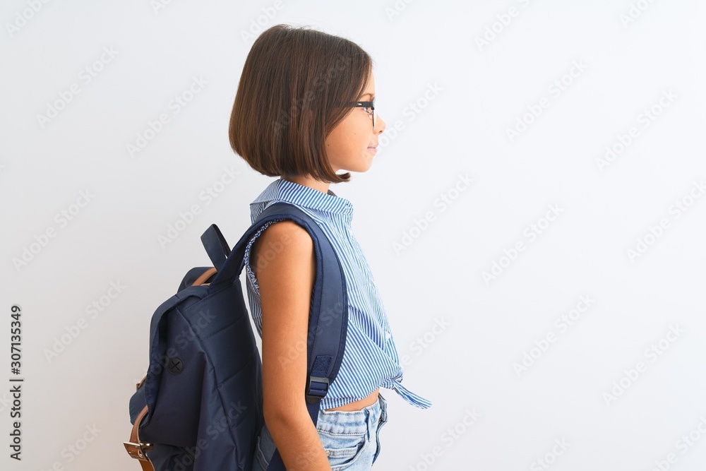 Sticker beautiful student child girl wearing backpack and glasses over isolated white background looking to 