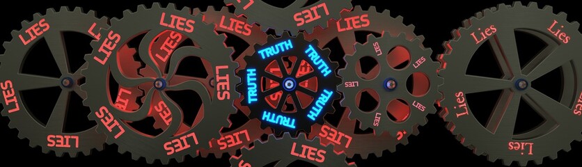 Metal wheels concept with glowing words text Lies and Truth