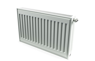 heating radiator with radiator thermostatic valve on the wall, 3D rendering