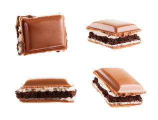 Set of pieces of chocolate bar with filling on a white background