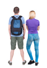 Back view of couple. beautiful friendly girl and guy together.