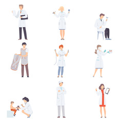 Doctor Characters Collection, Professional Medical Workers, Optometrist, Neurologist, Radiologist, Laboratory Assistant, Pediatrician, Dentist Vector Illustration