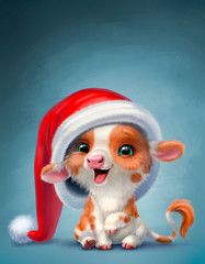 calf in a hat of Santa Claus