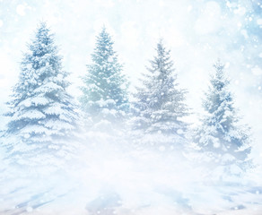 Christmas landscape with snow and fir trees.