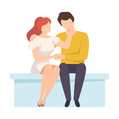 Faceless Woman Sitting on Bench Beside Man and Encouraging Him By Holding His Arm Vector Illustration