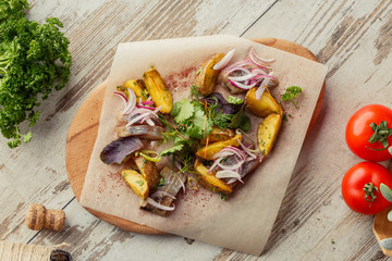 Caucasian Eastern European cuisine. Herring appetizer Georgian restaurant. The photograph lay flat on the table.