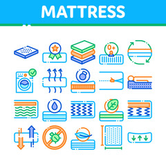 Mattress Orthopedic Collection Icons Set Vector Thin Line. Bedding Soft Mattress With Memory For Support Healthy Spine From Foam Material Concept Linear Pictograms. Color Contour Illustrations