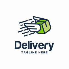 Delivery box logo template. Box with wings design vector illustration