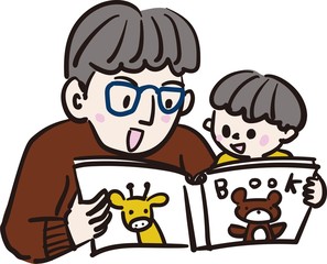 絵本読み聞かせをするお父さんと子供のイラスト