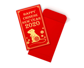   Red chinese envelope with mouse, symbol of year.3D Illustration.
