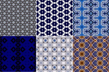 Set of six blue and white seamless design wallpaper pattern