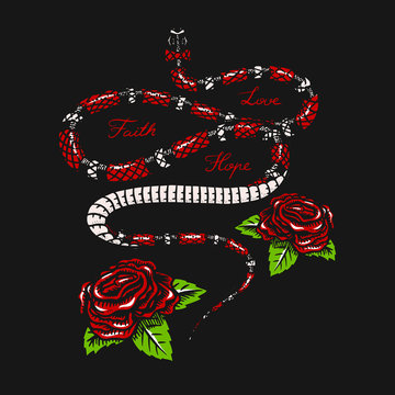 Milk snake with flowers in Vintage style. Serpent cobra or python or poisonous viper. Engraved hand drawn old reptile sketch for Tattoo. Anaconda for sticker or logo or t-shirts.