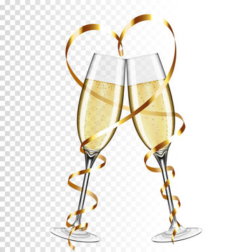 Two glasses of champagne with ribbon, isolated on transparent background.