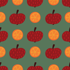 Apples and oranges seamless vector pattern. Hand drawn fruit illustration background. Flat Scandinavian style. Use for kids fabric, home decor, packaging