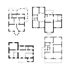 Architectural set of ground floor blueprints. Vector unfurnished floor plans for your design. Suburban house set.