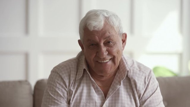 Cheerful elderly 80s man sitting on couch, looking at camera.