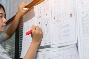 Student woman design engineer for ux architect template developer project mobile app or application on wall paper work in office with pen. Planning of development in program website interface ideas