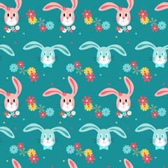 Seamless childish pattern with pink and blue hares. Beautiful texture for clothes of boys and girls. Seamless vector background for Happy Easter.  Flat illustration of cute animals.