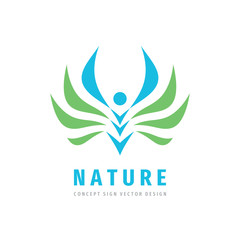Nature people concept design. Abstract human character with leaves - creative sign. Positive vector symbol. Wings icon.