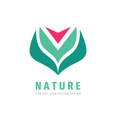 Nature concept logo design. Red flower with green leaves - creative sign. Floral symbol. Vector illustration. 