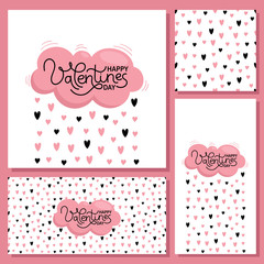 Valentine's day cards for holiday decoration. Pink cloud and rain of hearts. Seamless pattern. Vector flat illustration on white background