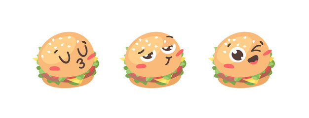 Cartoon drawing set of fast food emoji. Hand drawn emotional meal.Actual Vector illustration american cuisine. Creative ink art work burger