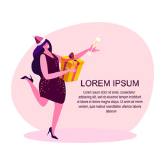 Happy smiling Woman Holding Huge Gift Box Wrapped with Ribbon Present for Birthday or Christmas, New Year Holidays. Glass of Champagne Celebrate.