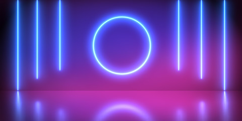 Neon abstract background, laser show in circle and lines in pink and blue spectrum vibrant colors.