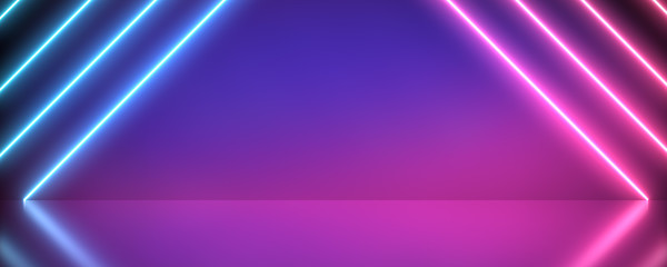 Panorama Background neon Abstract Blue And Pink with Light Shapes line diagonals on colorful and reflective floor.