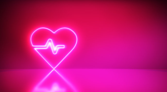 Neon Heart Cardiogram Icon. Red Fluorescent Light. Valentines Day Invitation Card Concept.