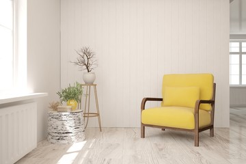 Stylish room in white color with yellow armchair. Scandinavian interior design. 3D illustration