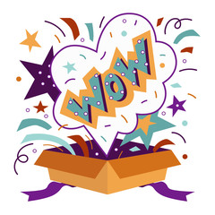 Opened gift box with confetti. Congratulation, winning prize, celebration, surprise concept. Vector illustration in flat cartoon style. Isolated on white background. 