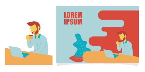 Minimalist vector flat character design on businessman working in office behind her desk with laptop. Man using laptop. Colorful vector illustration for website design or landing web page banner