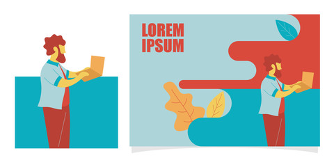 Minimalist vector flat character design on businessman working in office behind her desk with laptop. Man using laptop. Colorful vector illustration for website design or landing web page banner