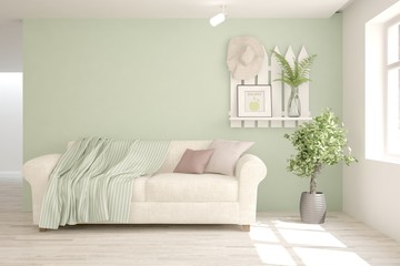 Stylish room in green color with sofa. Scandinavian interior design. 3D illustration