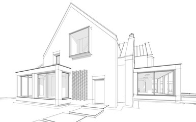 3d rendering of modern cozy clinker house on the ponds with garage and pool for sale or rent. Black line sketch with soft light shadows on white background © korisbo