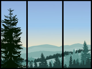 fir forest silhouette and hills on blue background