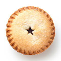 Traditional british christmas mince pie isolated on white. Top view.