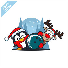 Bowling ball santa hat with cartoon christmas penguin and deer logo vector