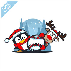 Baseball ball santa hat with cartoon christmas penguin and deer logo vector
