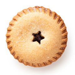 Traditional british christmas mince pie isolated on white. Top view.