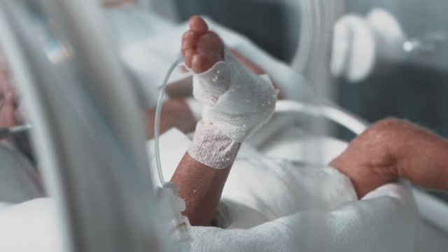 Newborn premature baby jerks small tiny arms and legs in incubator at hospital. Infant in maternity ward in delivery room fighting for his life, medical technology to save human health