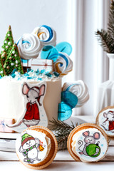 New Year's cake. Symbol of 2020 mouse. Christmas sweet background.