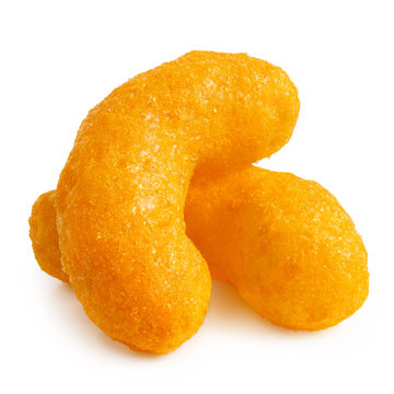 Two Extruded Cheese Puffs Isolated On White.