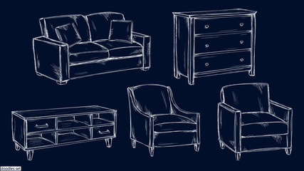 Furniture sketch. Interior design set. Sofa. Armchair. Сhest of drawer. Home. Room interior. House decor. Living room. Apartment.