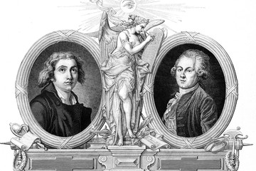Left: Marie-Joseph Blaise of Chenier, politician and writer, born 1764, Constantinople, died 1811, Paris. Right: Louis Sebastian Mercier, writer and journalist, born 1740, died 1814. Antique illustrat - obrazy, fototapety, plakaty