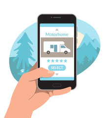 Phone in the hand of a man. Choosing and renting a camper via the Internet. Vector illustration, template.