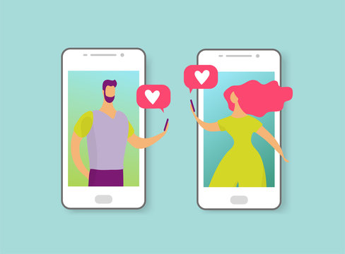 Man And Woman Write Messages About Love Or Date. Online Dating Concept. The Characters On The Phone Screen Fell In Love. Flat Cartoon Vector Illustration.