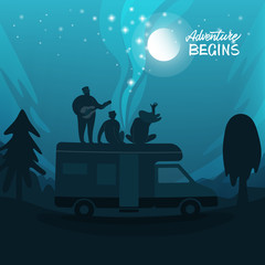 Camper and people on top under a starry sky. Bus camper and van life. Vector illustration.