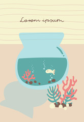 fish, animal life decoration. fish bowl. coral. animal pattern. copy space with fish in fish bowl. animal, natural, abstract backgrounds. cute hand drawn of nature wallpaper.